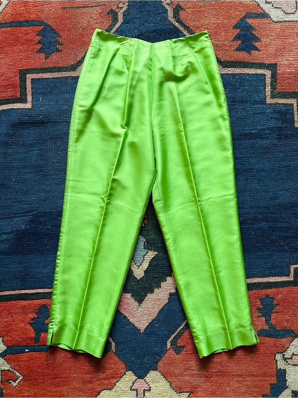 High-Waist Silk Trousers in Lime Green